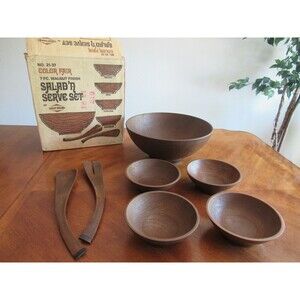 7 Pc Set West Bend Walnut Grain Plastic 5 Bowls Spoon Fork Salad Salad'N Serve